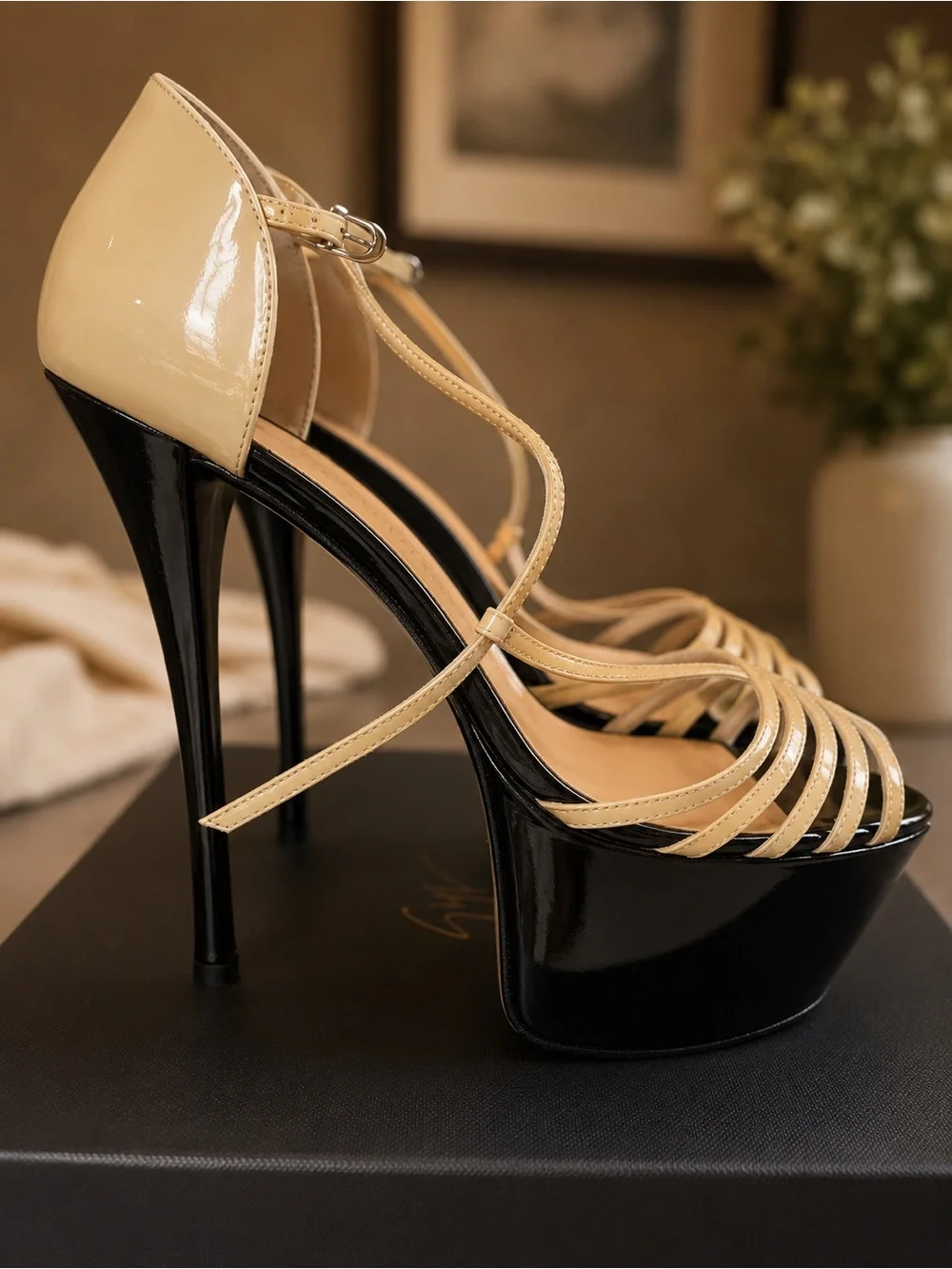 Giuseppe Zanotti Yellow and Black Patent T-Strap Sandals